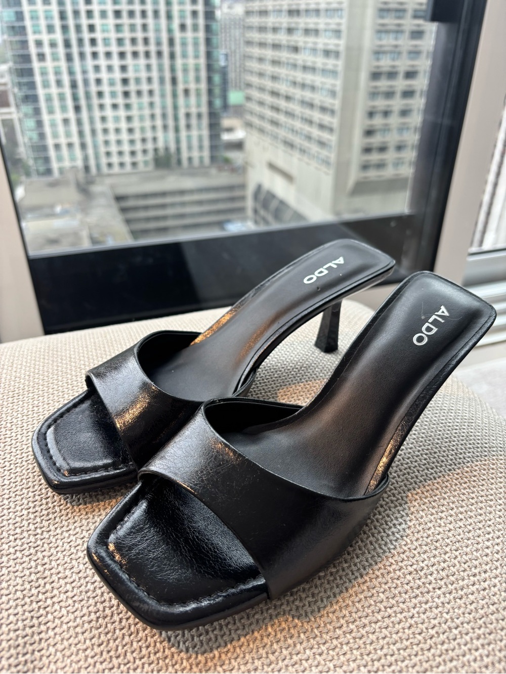 Aldo Black Square Open-Toe Mule Heels
